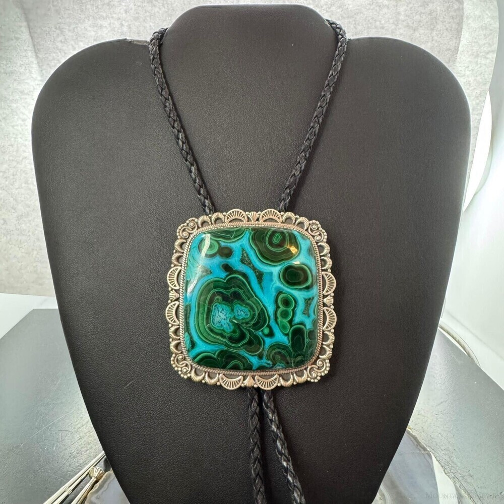 Sterling Silver Southwestern Style Square Azurite Malachite Bolo Tie For Men
